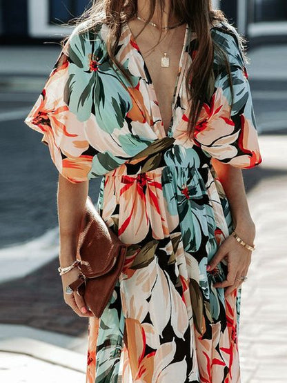 Floral Print High Slit Shirred Maxi