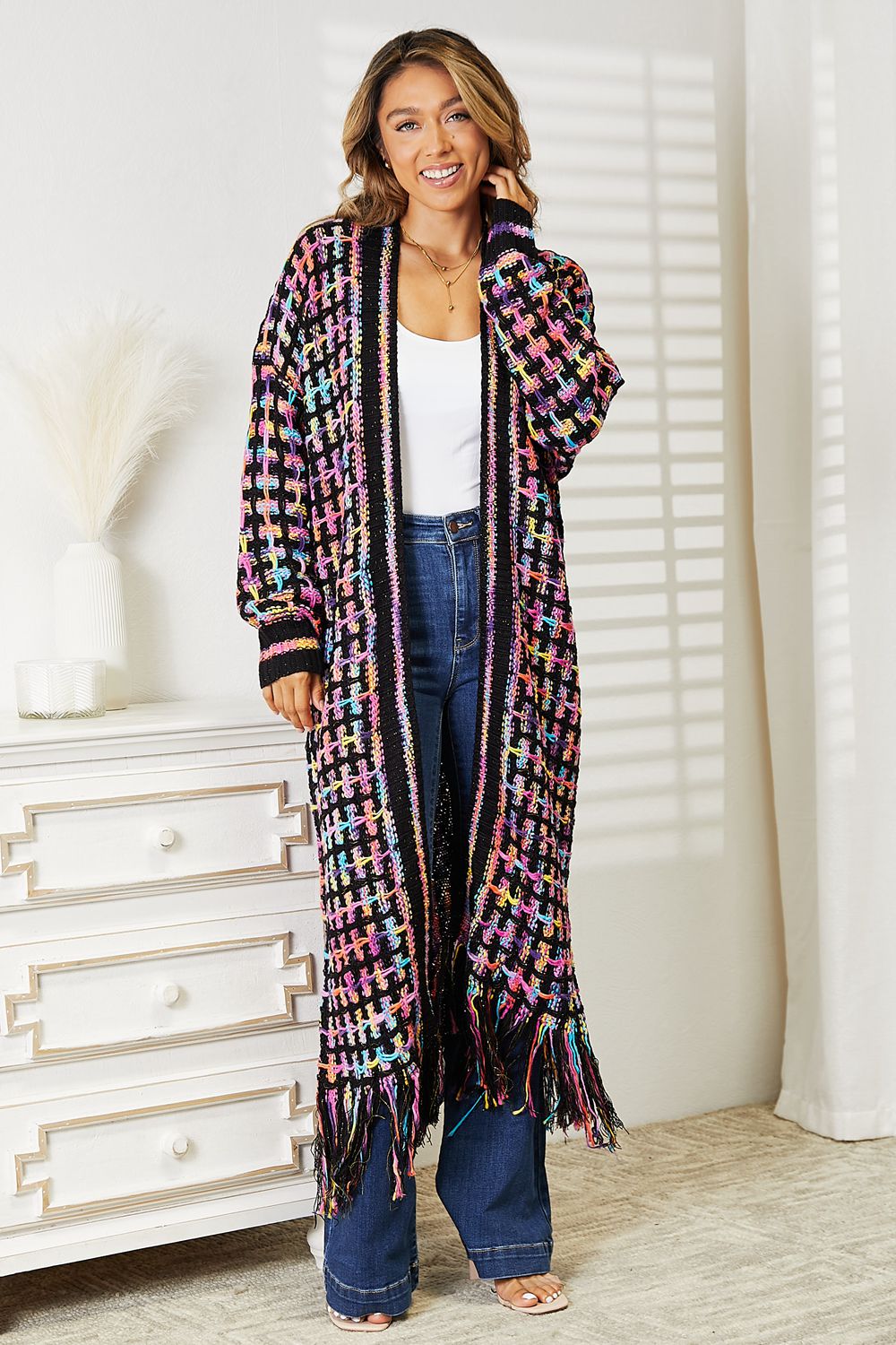 Plus Double Take Multicolored Fringe Hem Cardigan