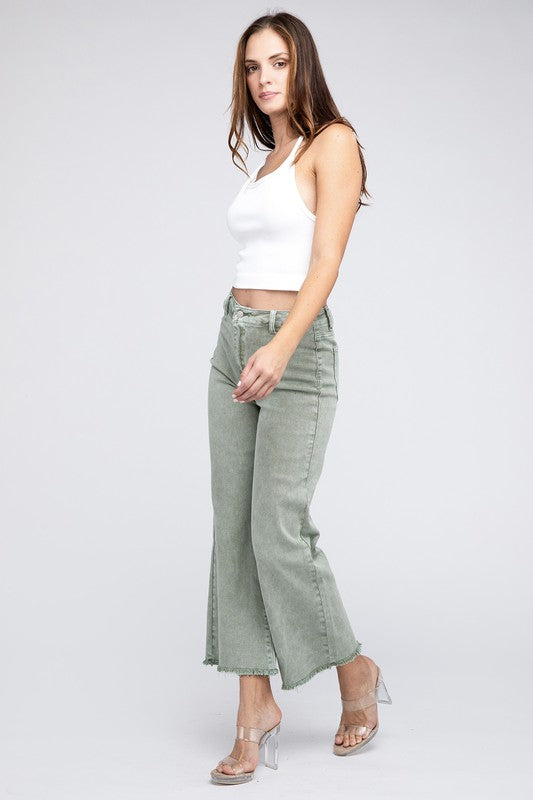 Acid Wash Frayed Cutoff Hem Straight Wide Pants