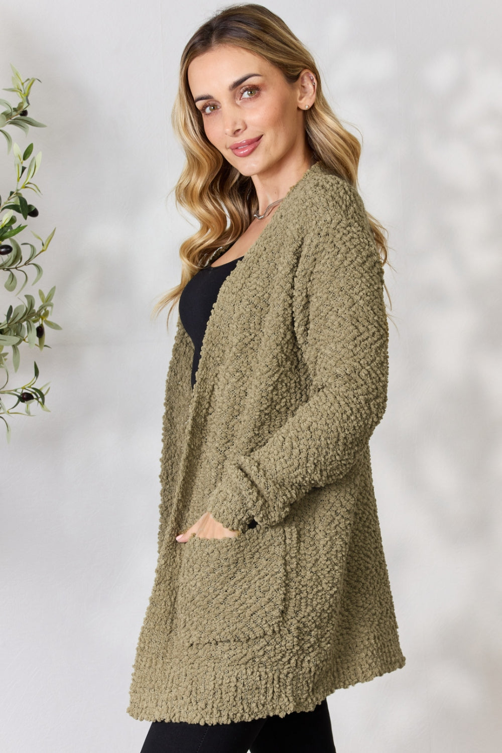 Plus Zenana Falling For You Open Front Popcorn Cardigan