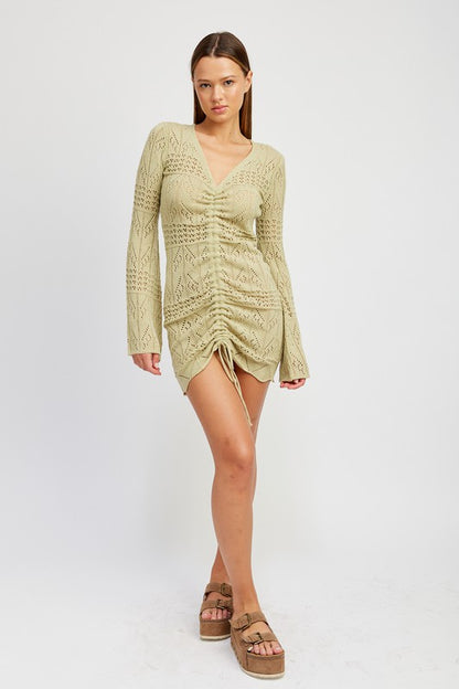 RUCHED CROCHET MINI DRESS