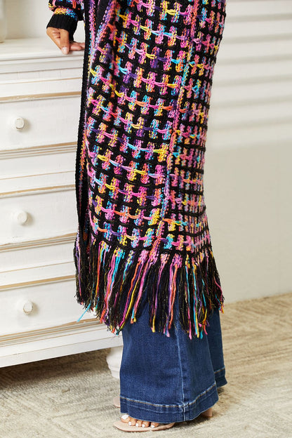 Plus Double Take Multicolored Fringe Hem Cardigan