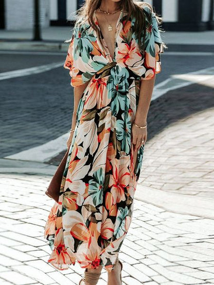 Floral Print High Slit Shirred Maxi