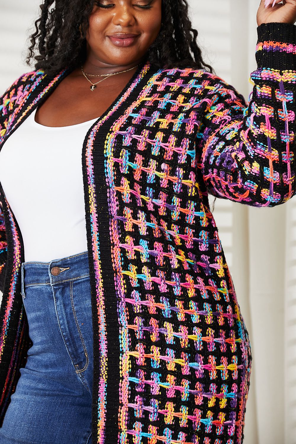 Plus Double Take Multicolored Fringe Hem Cardigan