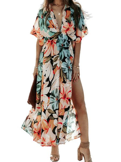 Floral Print High Slit Shirred Maxi