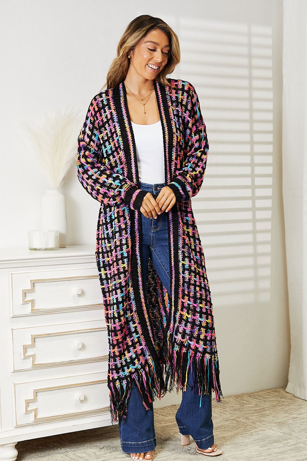 Plus Double Take Multicolored Fringe Hem Cardigan