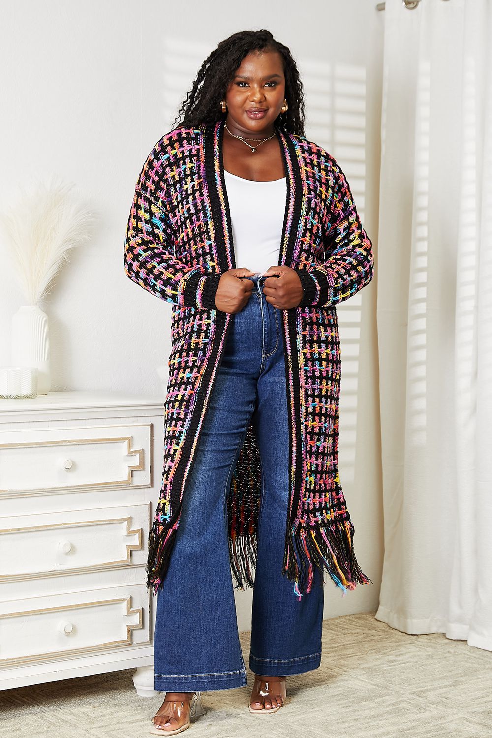 Plus Double Take Multicolored Fringe Hem Cardigan