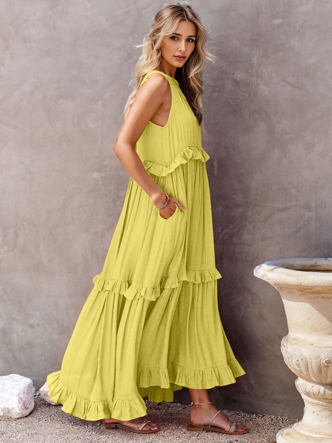 Ruffled Sleeveless Tiered Maxi Dress with Pockets