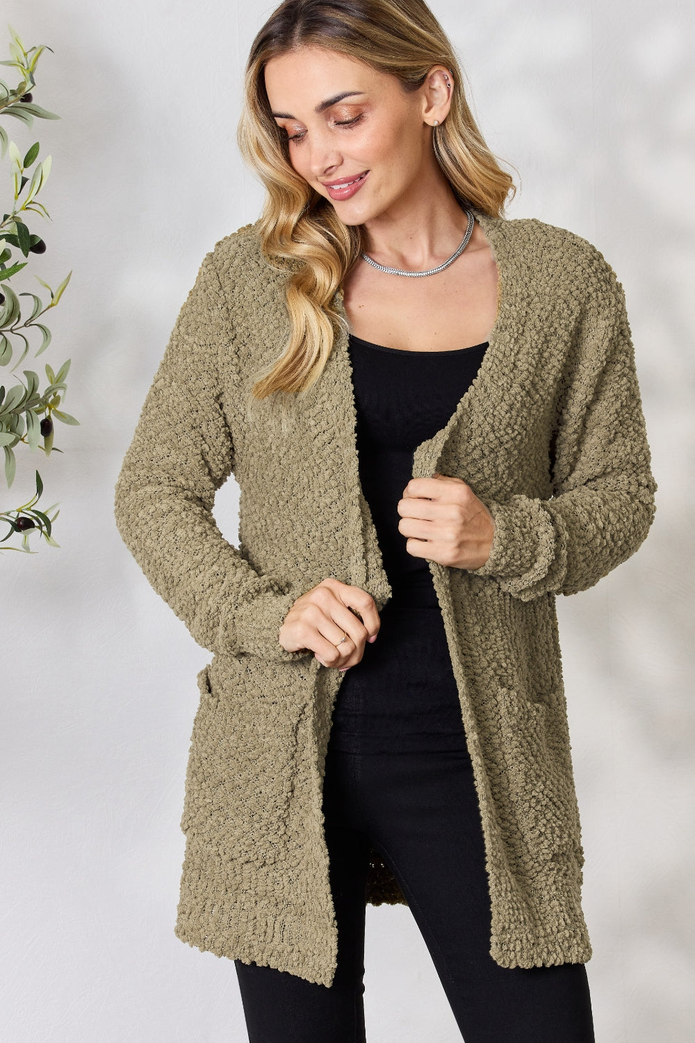 Plus Zenana Falling For You Open Front Popcorn Cardigan