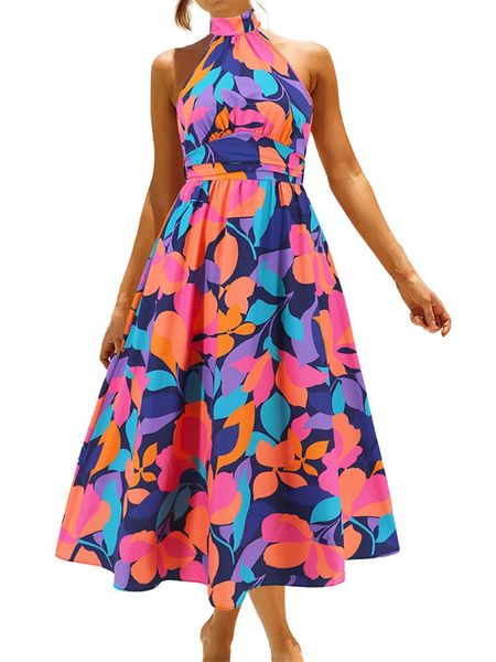 Halter Neck holla Floral Print Backless Midi