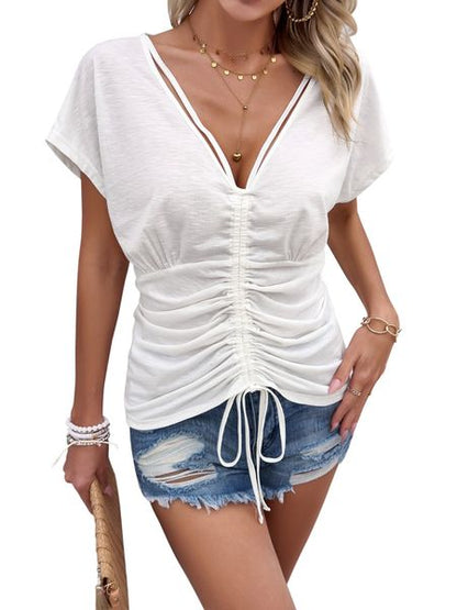 V-neck Short Sleeve Ruched Top