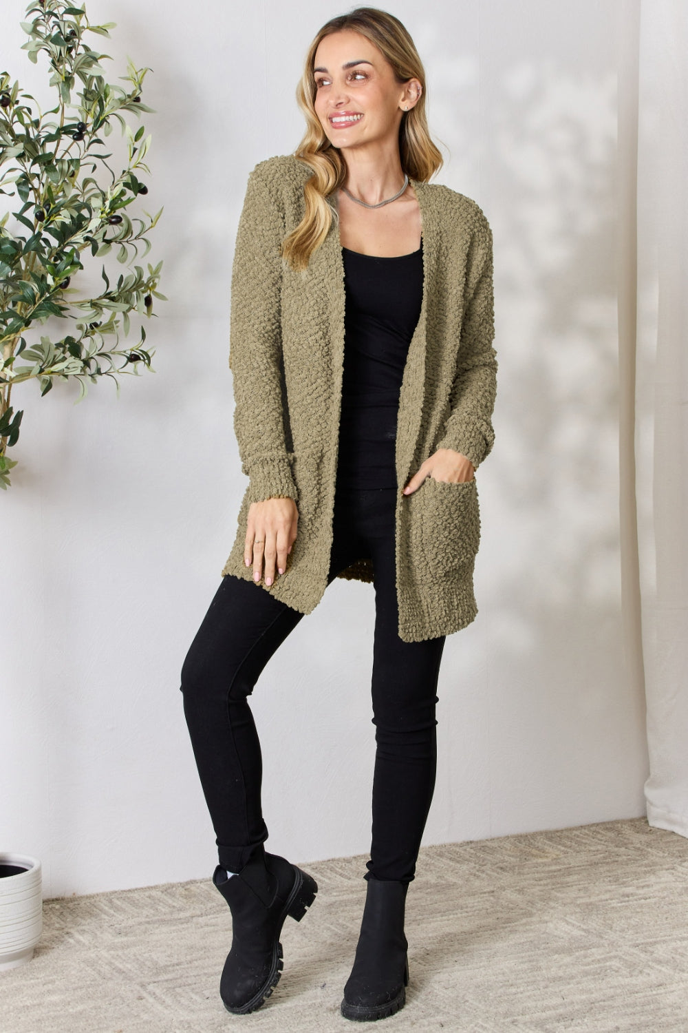 Plus Zenana Falling For You Open Front Popcorn Cardigan