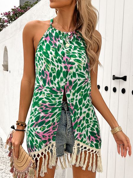 Women's Floral Print Halter Neck Front Split Tassel Trim Top HULXPD4E5P