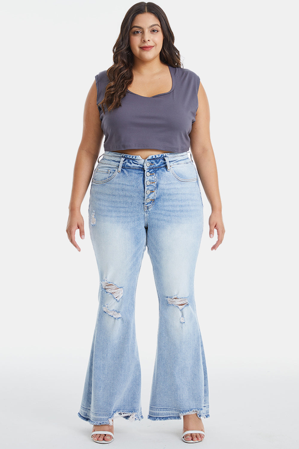 Plus BAYEAS Distressed Raw Hem High Waist Flare Jeans