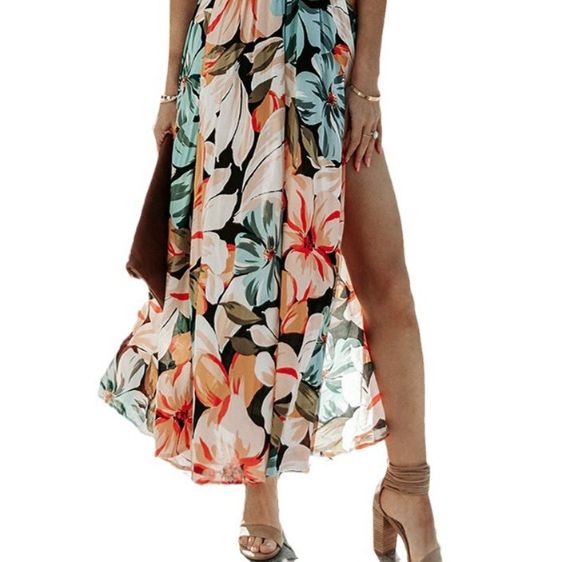 Floral Print High Slit Shirred Maxi