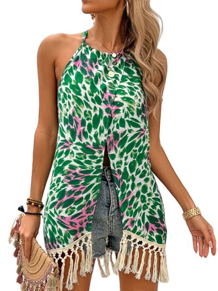 Women's Floral Print Halter Neck Front Split Tassel Trim Top HULXPD4E5P