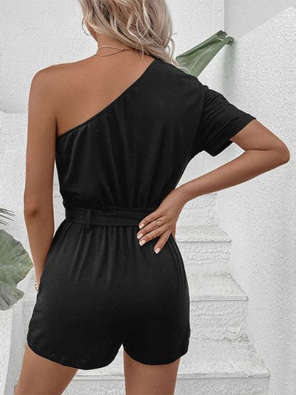 One Shoulder Batwing Belted Romper