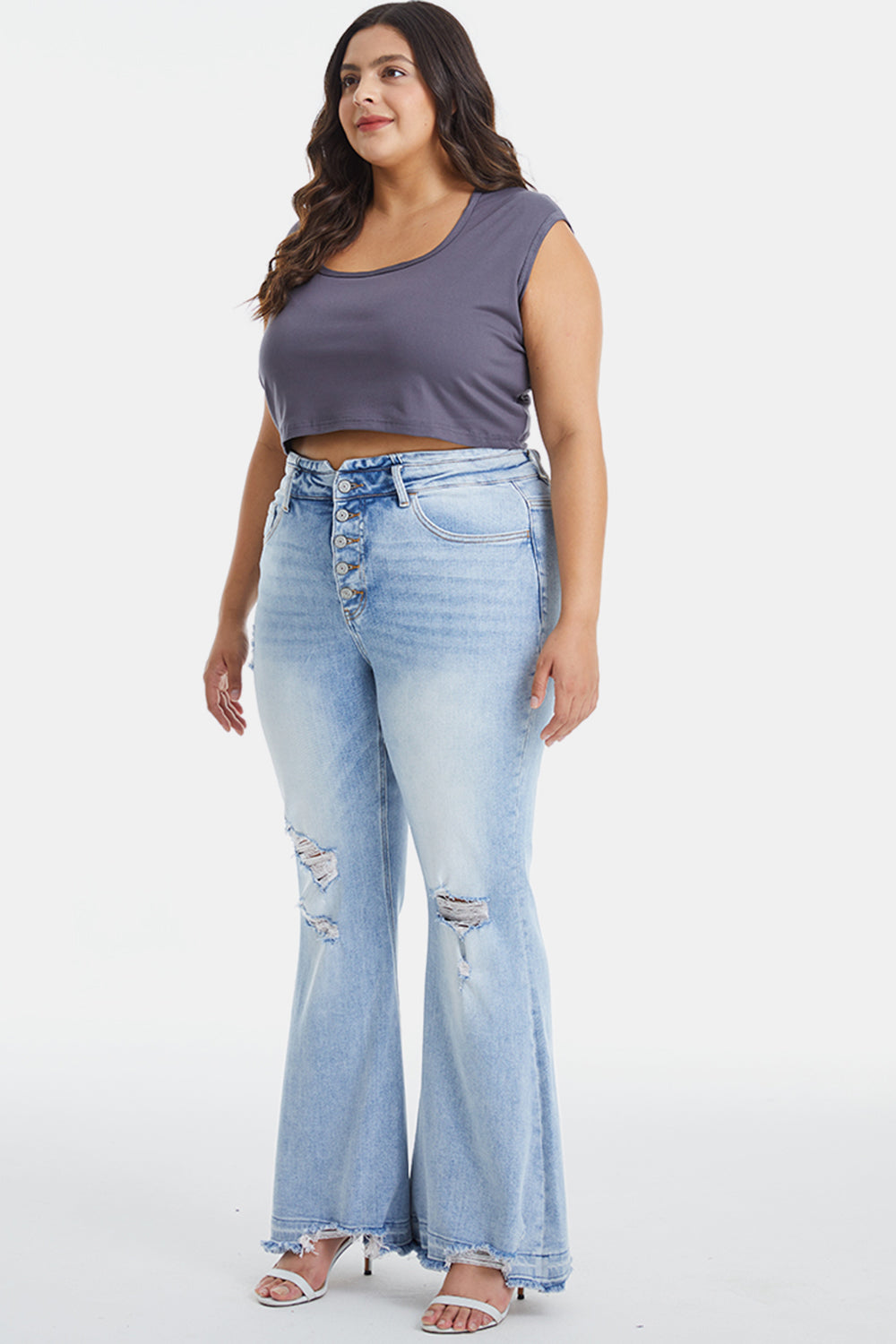 Plus BAYEAS Distressed Raw Hem High Waist Flare Jeans