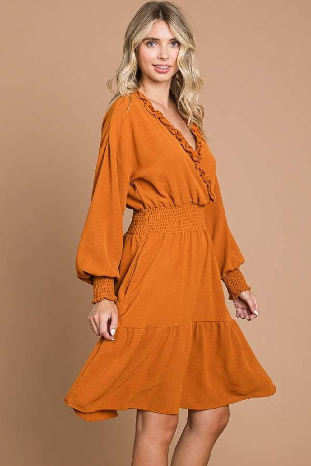 Plus Culture Code Frill Smocked Lantern Sleeve Mini