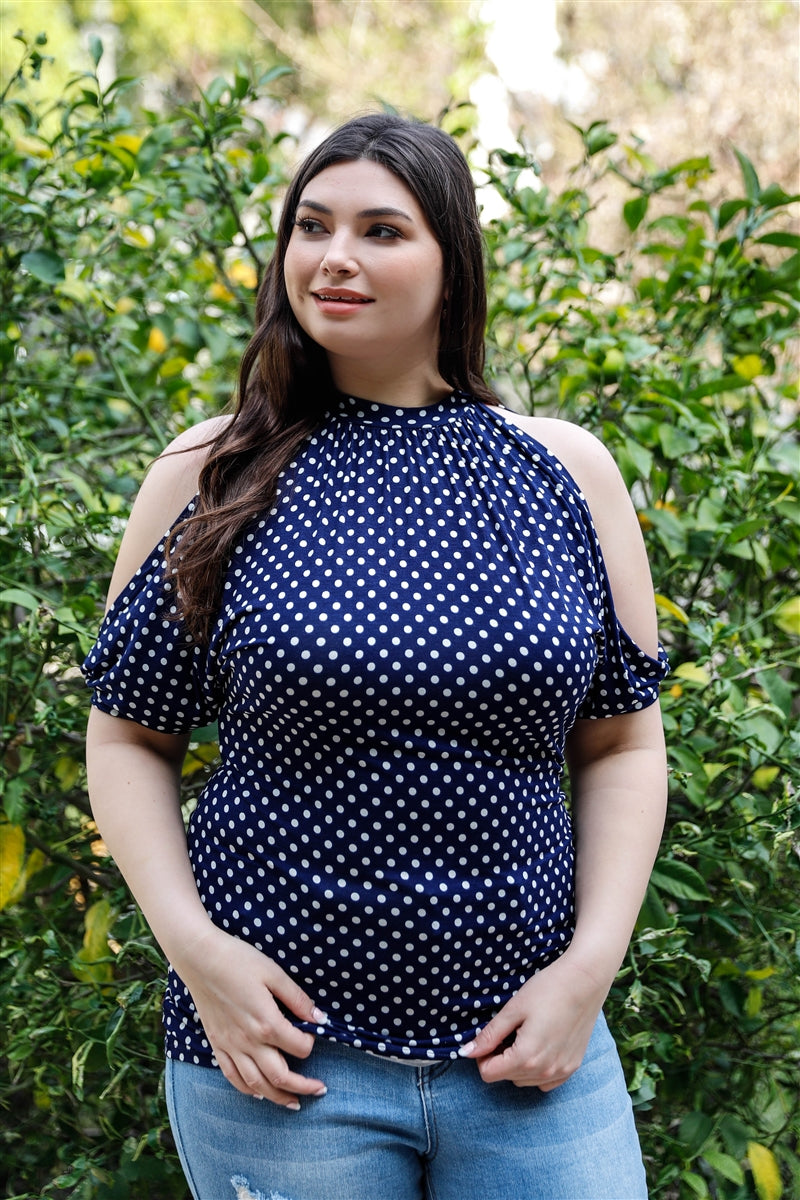 Plus Polka Dot Cold Shoulder Short Sleeve