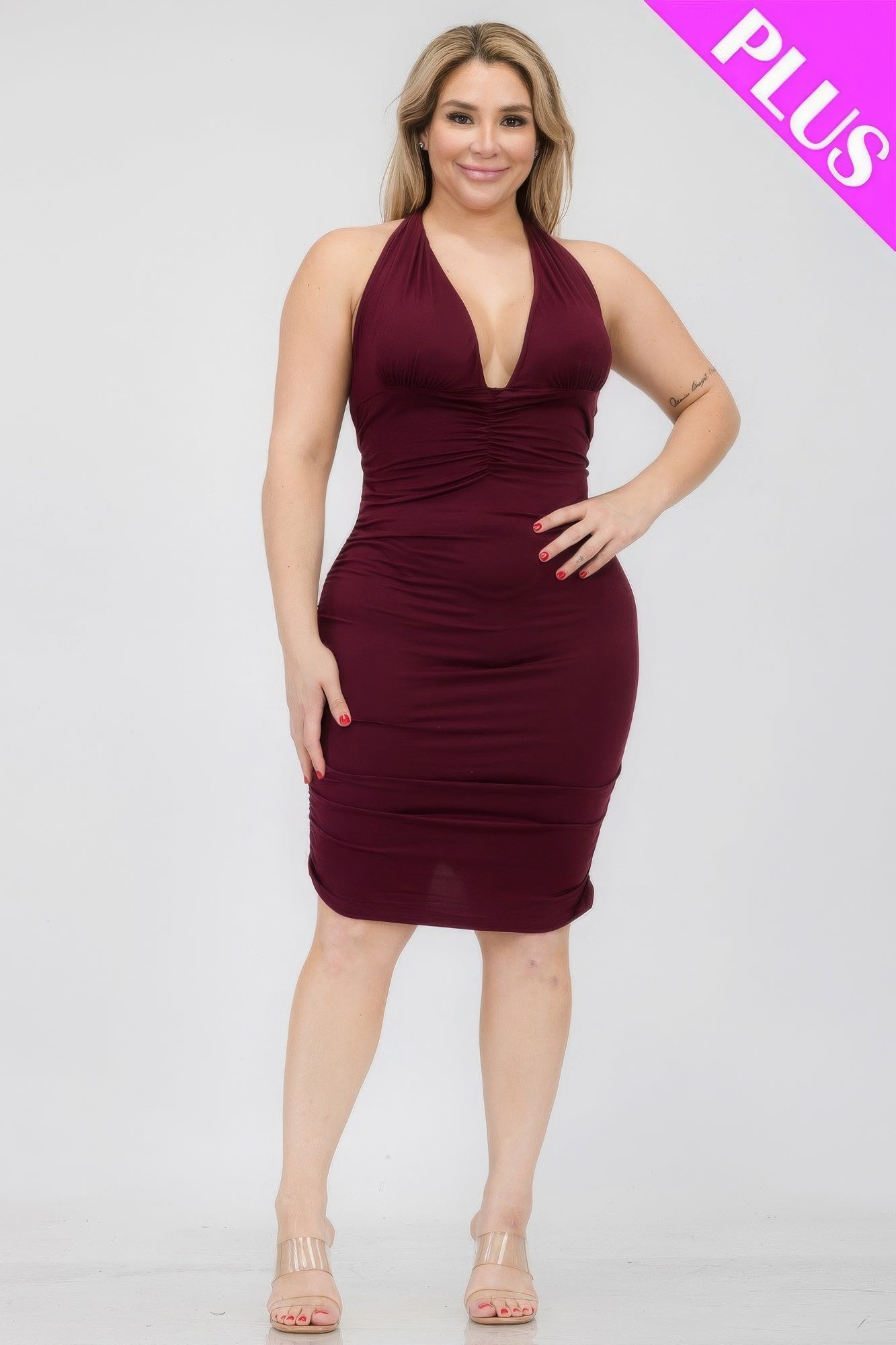 Plus Plunging Crisscross Back Ruched Bodycon Mini