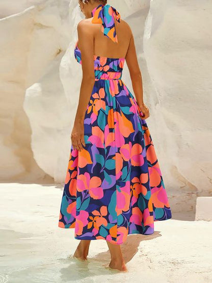 Halter Neck holla Floral Print Backless Midi