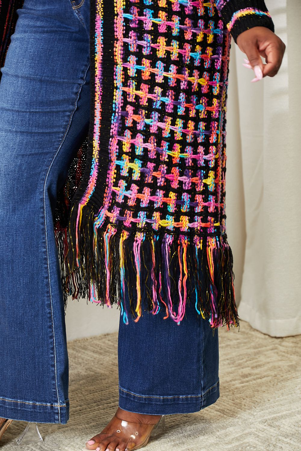 Plus Double Take Multicolored Fringe Hem Cardigan