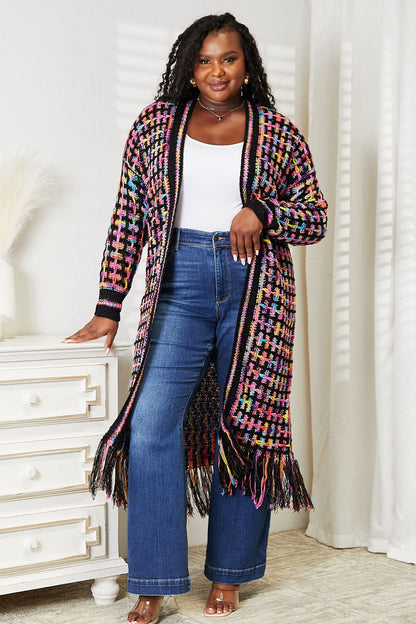 Plus Double Take Multicolored Fringe Hem Cardigan