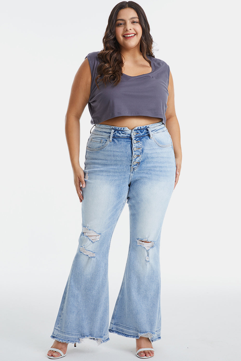 Plus BAYEAS Distressed Raw Hem High Waist Flare Jeans