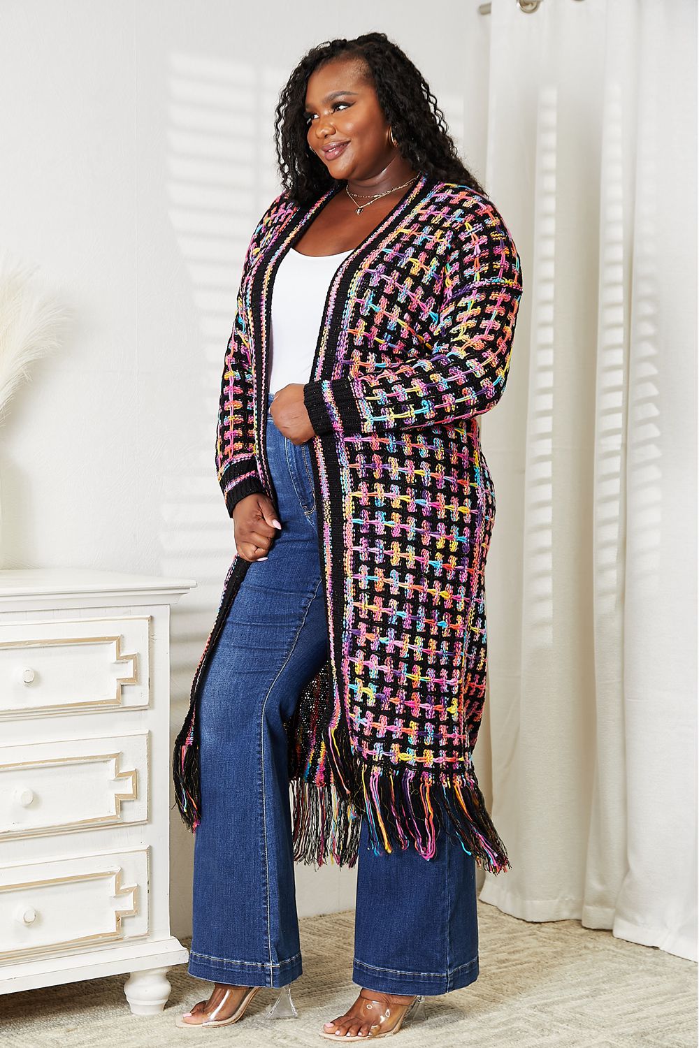 Plus Double Take Multicolored Fringe Hem Cardigan