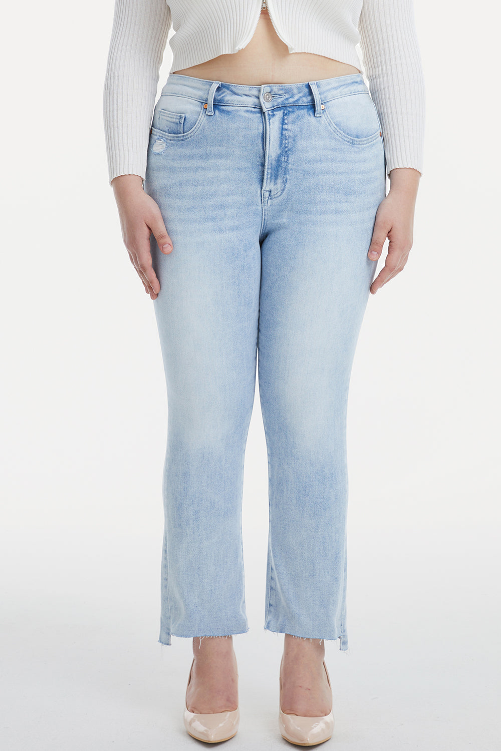 Plus BAYEAS High Waist Raw Hem Washed Straight Jeans