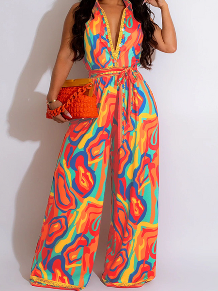 Tropicals casual V-neck wide leg jumpsuit